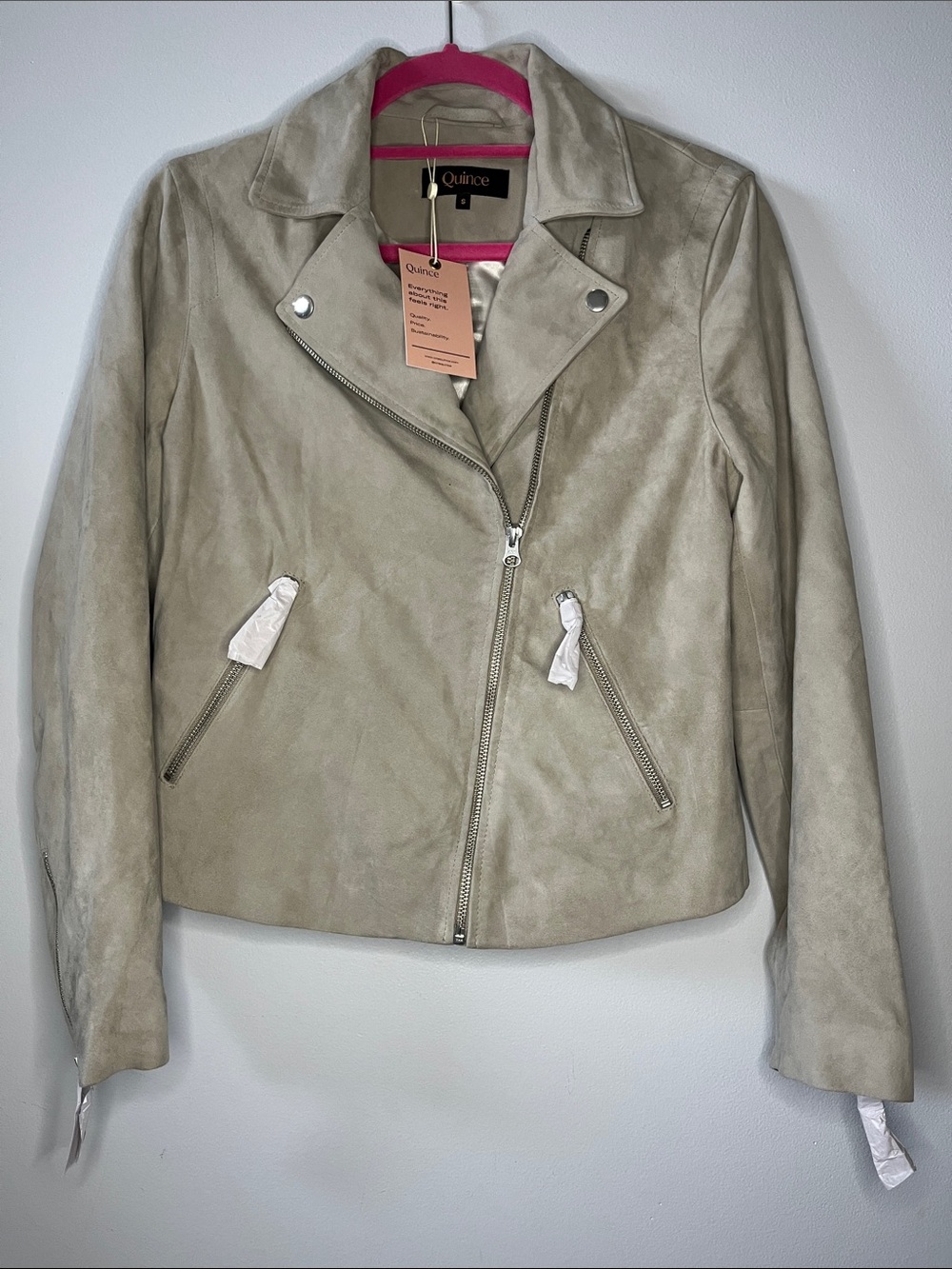 Quince Suade goat Leather Jacket small grey sand biker side zip jacket - Picture 3 of 13